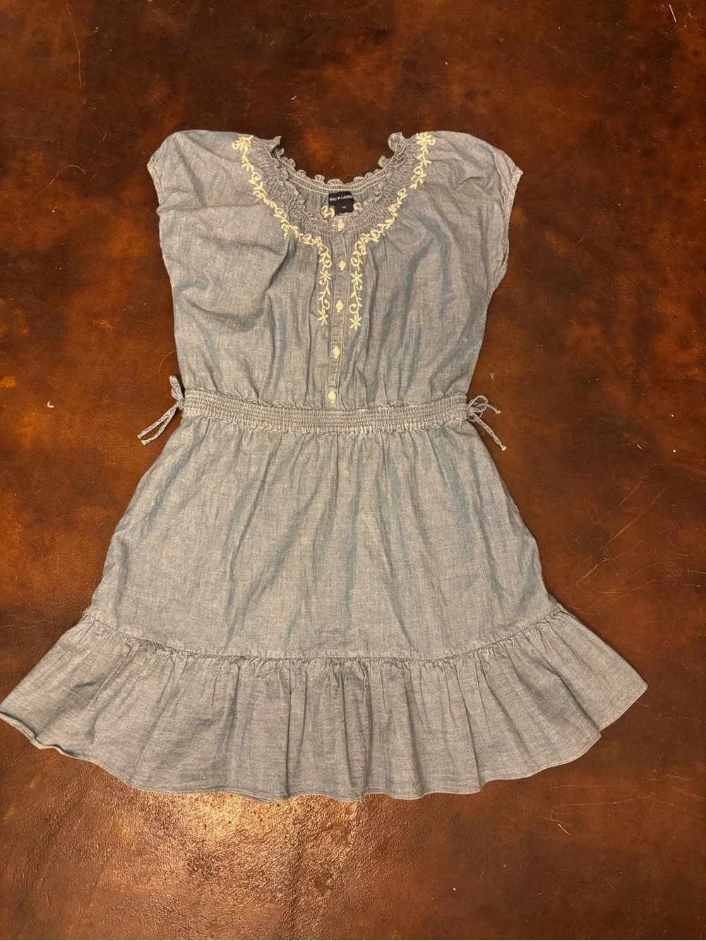 Ralph Lauren Big Girls Size 14 Chambray Embroidered Smocked Waist Dress